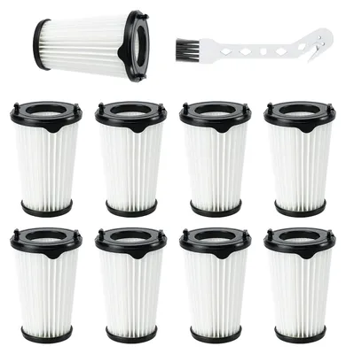 A collection of vacuum cleaner filters and a cleaning brush arranged on a white background.