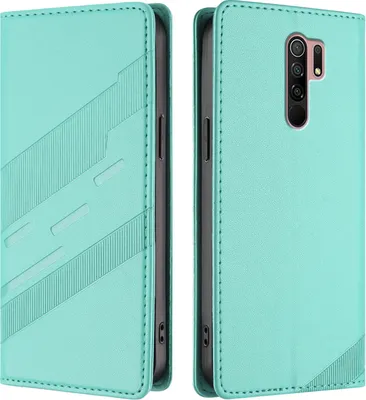 A turquoise flip case for a Xiaomi Redmi 9 phone is shown from two angles.