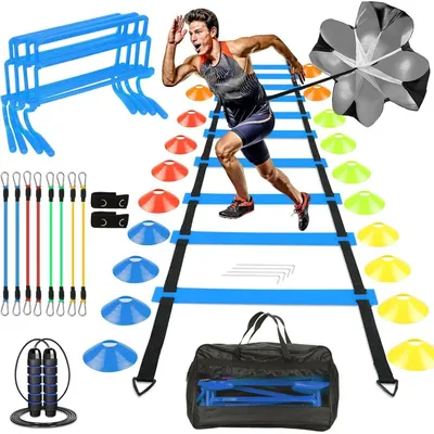 Produktbild von Fußball Trainingsset Koordinationsleiter mit 6m Leiter, 20 Kegel, Hürden, Fallschirm, Springseil, Widerstandsbänder blau