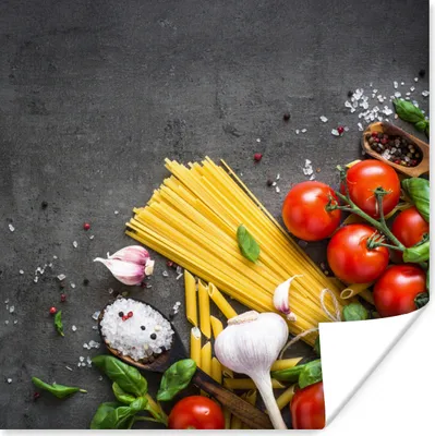 Produktbild von MuchoWow® Poster Nudeln - Kräuter - Tomate - Gewürze - Rustikal 50x50 cm - Wohnzimmerdekoration