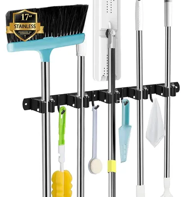 Produktbild von Besenhalter Wand Besenhalter Wandhalterung - 5 Halter und 4 Haken - Schwarz - Edelstahl 304 - Für Küche, Bad und Garage
