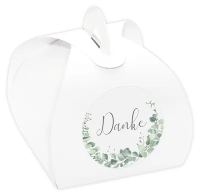 Produktbild von 24 x Kartonagen weiß + Aufkleber 'Eukalyptus - Danke' Gastgeschenke Set für Hochzeit, Taufe, Kommunion, Konfirmation