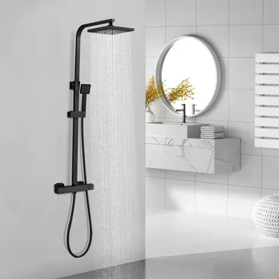 Produktbild von TEENO Duscharmatur mit Thermostat, 70-115 cm Höhenverstellbar, Regendusche (200 x 200 mm) mit Handbrause (2 Strahlarten), Schwarz