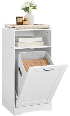 Produktbild von Badezimmerschrank mit Wäschekorb und Klapptür, herausnehmbarer Wäschesack, offenes Regal, 40 x 36 x 81,2 cm, Weiß