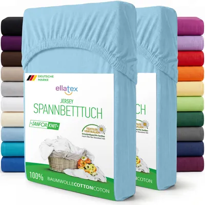 Produktbild von EllaTex 2er Pack Jersey Spannbettlaken 120x200–130x200 Baumwolle – Spannbetttücher Set weich & elastisch, Farbe: Hellblau