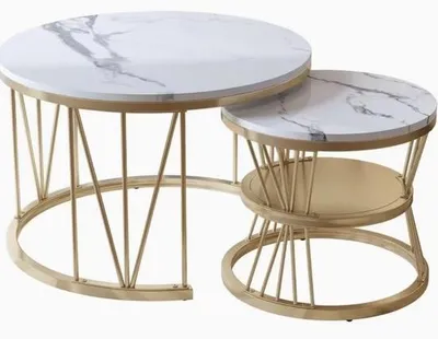 Zdjęcie produktu dla Zestaw stolików do salonu z metalową ramą i wykończeniem imitującym marmur – 70 x 70 x 45 cm – nowoczesny zestaw stolików do salonu