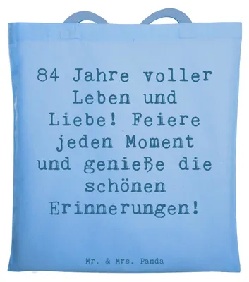 Produktbild von Mr. & Mrs. Panda Tote Bag Spruch 84. Geburtstag Leben und Liebe - Sky Blue - Geschenk, Jutebeutel, handgefertigt, Happy Birthday, liebevolle Geschenke, festivaltasche