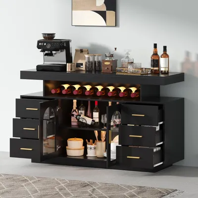 Produktbild von STILVORA Weinschrank mit LED-Beleuchtung,Kaffeebarschrank mit 6 Schubladen und 2 Glastüren,Spirituosenschrank mit offenem Regal, für Küche,Wohnzimmer