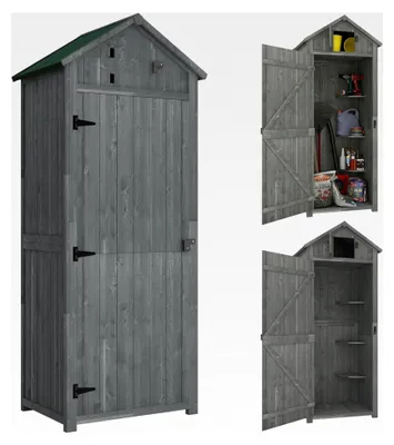 Produktbild von Gartenschrank aus Holz, wetterfester Geräteschuppen 77x54,2x179cm, Gerätehaus mit Tür, Satteldach, Geräteschrank mit Regalen, Werkzeugschrank für Garten und Terrasse, Grau+Grün
