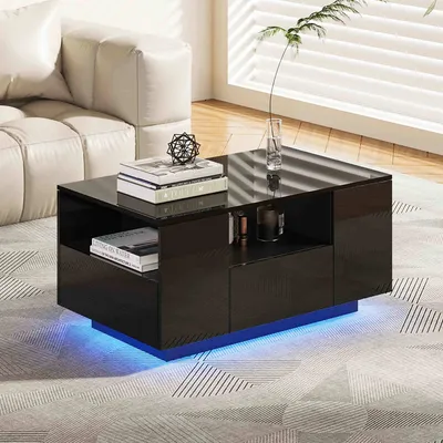 Produktbild von Makika LED Couchtisch / Design Wohnzimmertisch mit Ablagefach und Schubladen - Schwarz Hochglanz