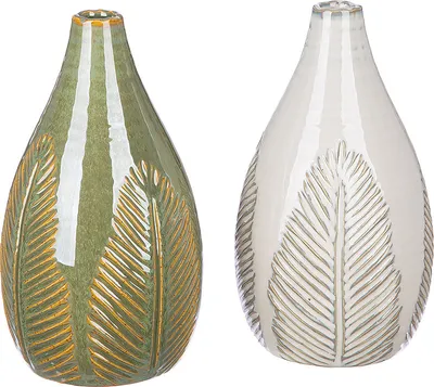 Image de Gilde Deko-Vase, "Palmblatt", Blattmotiv, Keramik, grün, weiß, H. 19 cm, D. 11 cm 34290 4063387342909 2 Stück (2-fach sortiert)