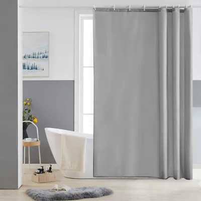 Produktbild von Schmaler Duschvorhang für Dusche und Badewanne, Badezimmervorhang aus Polyestergewebe, schimmelresistent, wasserabweisend und waschbar, grau, 150 x 180 cm, mit 10 Duschvorhangringen.