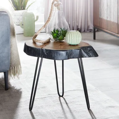 Produktbild von Beistelltisch Akazie Massivholz / Metall Industrial 40x40x32cm Baumkante | Wohnzimmertisch Sofatisch Massiv Haarnadelbeine | Kleiner Anstelltisch Tisch Wohnzimmer