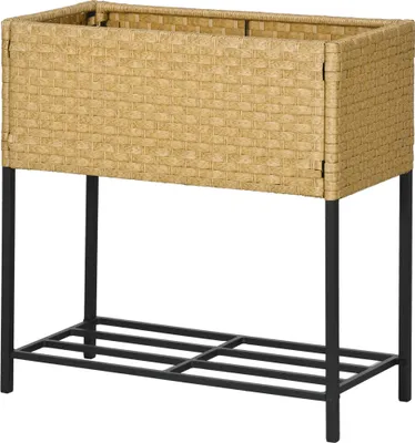 Produktbild von Hochbeet aus Metall mit Poly-Rattan-Optik, 70x30x72 cm, Blumenkasten mit tiefer Ablage, Sandfarbe, Gartenmöbel für Terrasse und Balkon