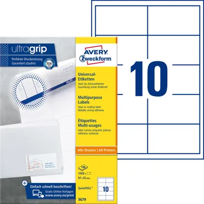 Immagine prodotto di Avery Zweckform QuickPEEL - etichette multiuso - bianco - 97 x 55 mm - 1000 etichette (100 fogli x 10) (3679)