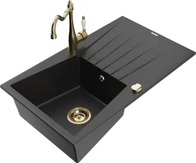 Produktbild von Mexen Cesar 1 Becken-Granitspüle mit Abtropffläche und Mischbatterie Carla, Schwarz/Silbermetallic - 6514-73-670700-50