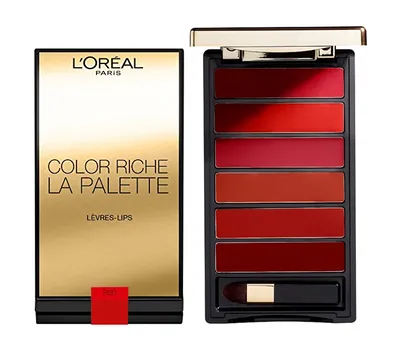 Image de Palette de rouges à lèvres Color Riche Designer de L'Oréal Paris, teinte 02 Rouge, comprenant 6 couleurs, hydratante, dimensions : 55 mm x 14 mm