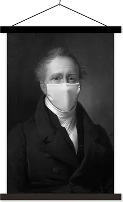 Produktbild von MuchoWow® Textilposter Daniel Francis Schas mit einem weißen Mundschutz - ein Gemälde von Alexandre Jean Dubois Drahonet - schwarz-weiß 60x90 cm mit schwarzem Rahmen - Poster Wohnzimmer