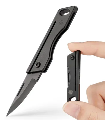 Immagine prodotto di Mini coltello tascabile Titan, finitura nera opaca, con foro per portachiavi, ideale per l'uso quotidiano (EDC)