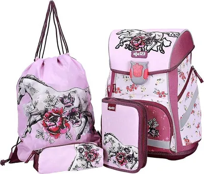 Produktbild von Pferde Horses Schulranzen Mädchen 1 Klasse |Tornister Schulrucksack Schultasche | Set 4 teilig | für Grundschule | inkl. Federmäppchen und Sportbeutel