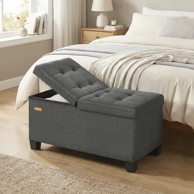 Produktbild von SONGMICS Sitzbank mit Stauraum, faltbare Sitztruhe mit Klappdeckel, Schlafzimmer Wohnzimmer, Leinenoptik, 76 cm, grau