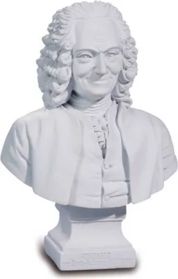 A white bust of Voltaire is shown against a white background.