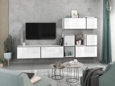 Produktbild von Wohnwand VARIANTO 1 Schrank Set 7 tlg., 266 cm, weiß matt / weiß Hochglanz, grifflos, stehend und hängend
