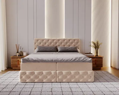 Zdjęcie produktu dla Łóżko Chesterfield kontynentalne z pojemnikiem na pościel Tkanina Royal Velvet Ciemnobeżowy 160x200 cm