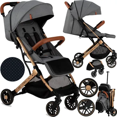 Produktbild von MoMi ESTELLE – Ultraleichter Baby Kompaktbuggy 7,7 kg mit Einhand-Faltung, Trolley-Funktion & Liegeposition, ideal für Reisen – Grau/Gold