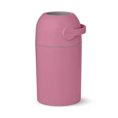 A pink diaper bin with a gray lid and handle, shown against a white background.