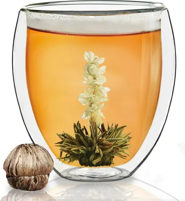 Produktbild von Creano Doppelwandiges Thermoglas "bauchig" XXL, Extra Großes Hitzebeständiges Kaffeeglas / Teeglas | 400ml inkl. einer Teeblume