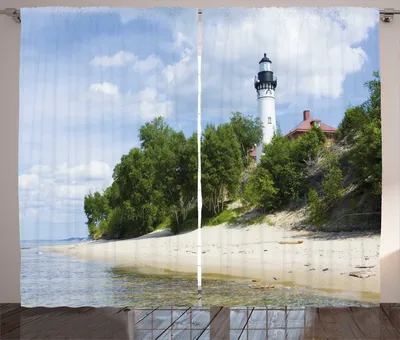 Produktbild von ABAKUHAUS Vintage Strand Rustikaler Vorhang, Leuchtturm am Strand, Wohnzimmer Universalband Gardinen mit Schlaufen und Haken, 280 x 175 cm, Mehrfarbig