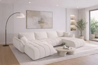 Image de Canapé d'angle avec fonction sommeil et coffre de lit TOKYO U PREMIUM, tissu WIND, écru