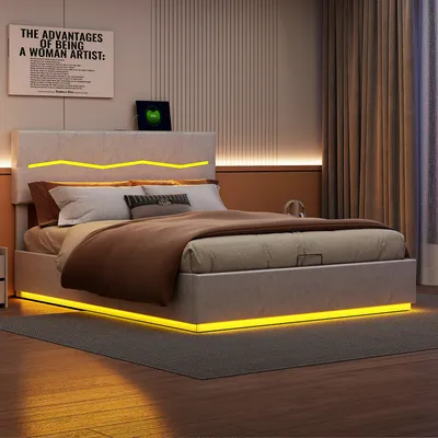 Immagine prodotto di CDGlobal letto imbottito con USB/Tipo-C, letto a molle con rete a doghe, illuminazione LED, letto contenitore letto matrimoniale, PU, 160x200cm