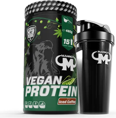 Produktbild von Mammut Nutrition - Vegan Protein 460 g Dose - 15 Portionen Eiweiß + GRATIS Protein Shaker, Geschmack: Iced Coffee