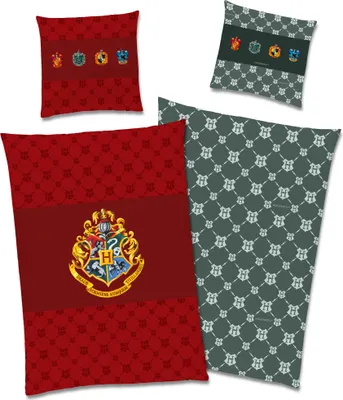 A collage of Harry Potter themed bedding items, including pillowcases and a duvet cover, featuring the Hogwarts crest and house emblems.