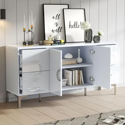 Image de OKWISH Buffet de Rangement - 4 Tiroirs et 2 Portes et Façade Haute Brillance, Design Sans Poignées, Meuble Blanc en MDF