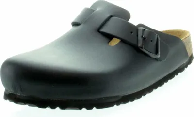 A single black Birkenstock Boston slipper is shown against a white background.