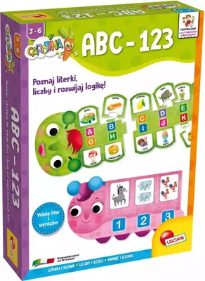 The image shows the packaging of a Carotina ABC-123 educational toy, featuring a colorful caterpillar design with letters and numbers.