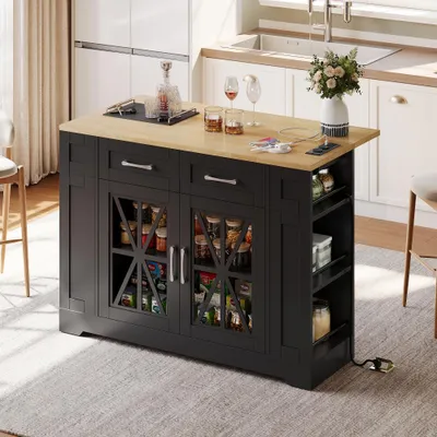 Image de Îlot de cuisine mobile avec plateau repas escamotable, vitrine en verre, espace ouvert, étagère réglable, prise électrique, port USB et roulettes avec freins, 120 cm, noir