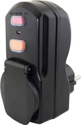 A black electrical safety device with two buttons and a covered socket.