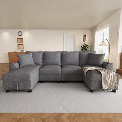 Produktbild von Merax U-Form 4-Sitzer Ecksofa, Sofa Mit 2 Bettkasten, Chenille Ecksofa Mit 2 Chaiselongues, Wohnlandschaft Mit Kissen, Modulares Soffa, Couch, Grau