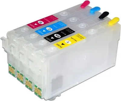 A set of four refillable ink cartridges for a printer, stacked together.
