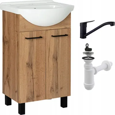 Obrázek produktu pro Stamar | Koupelnové umyvadlo s umyvadlem, umyvadlová skříňka, s baterií a sifonem, 50 cm, dub Wotan