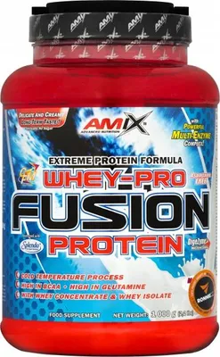 Imagen del producto de Amix Nutrition Whey-Pro FUSION, polvo, concentrado de proteína de suero de leche, proteína de suero de leche aislada, chocolate, café, moka, L-alanina, L-arginina, L-ácido aspártico, L-cisteína, L-ácido glutámico, L-glutamina, L-glicina,..., 26,25 g, 130 kcal