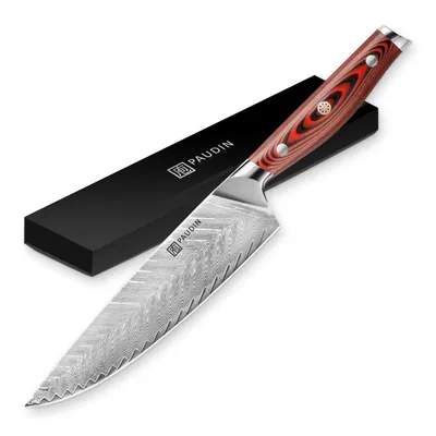 Produktbild von PAUDIN P1 Profi-Kochmesser 20 cm – Messer japanischer Art mit 67 Lagen Kompositstahl, VG-10-Kern, G10-Griff & Federmuster – Extrem scharf & langlebig