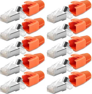 A collection of orange and silver RJ45 connectors arranged in rows.