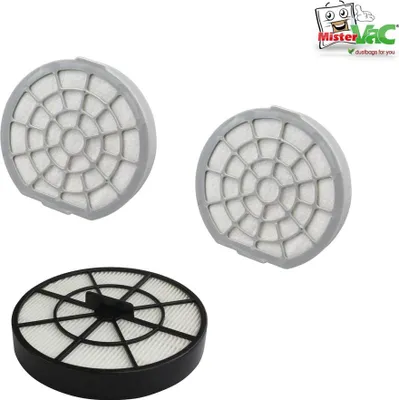 Three vacuum cleaner filters are displayed against a white background. A logo is in the top right corner.