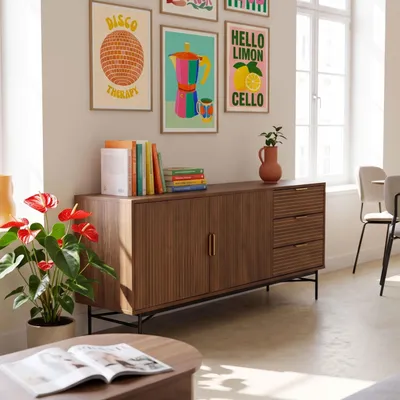 Produktbild von Sideboard 2 Türen und 3 Schubladen aus Melamin und Stahl 160 cm braun - Oviala Gabin