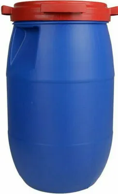 A blue plastic barrel with a red lid.